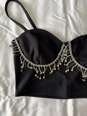 SheIn Black Crop Top With Rhinestone Fringe Detail thumbnail 2