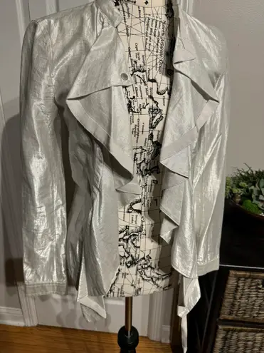Armani Exchange NWT  Draped Front cascade ruffle Shimmer Shiny Metallic Silver Light jacket cover summer buttons mock asymmetrical high low blazer cape Vintage y2k duster avant-garde futuristic iridescent holographic disco lame Coastal Bright  thumbnail 3