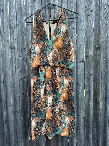 Bisou Bisou Abstract Keyhole Chain Sleeveless Mini Dress in Brown/Blue - Size 10