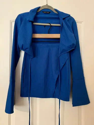 Bell Sleeve Tie Back Top & Wrap Hem Skirt Set Blue Size XS