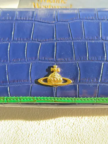 Vivienne Westwood Authentic New Orb genuine leather Trifold long wallet in blue