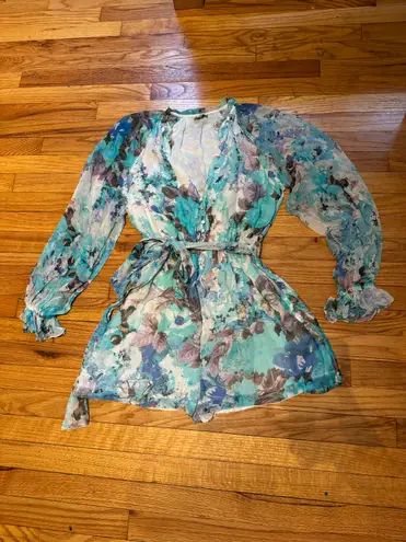 Hemant and Nandita NWOT x Revolve Teien In blue Romper colorful coquette coastal chiffon watercolor floral Print Long Sleeve Shorts