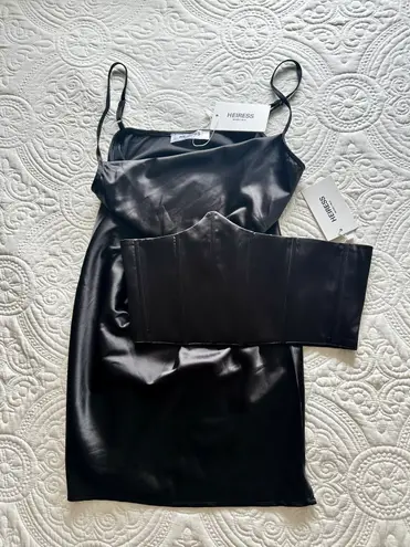 Heiress Beverly Hills Black Corset Satin Slip Dress in Black