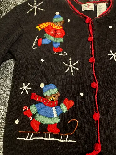 Womens small Vintage Nutcracker ice skating bears button up sweater Black