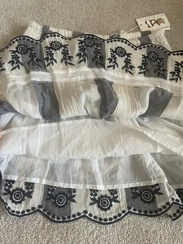 NWT America & Beyond Floral Embroidered Scalloped Hem Stripe Skirt Size S Blue