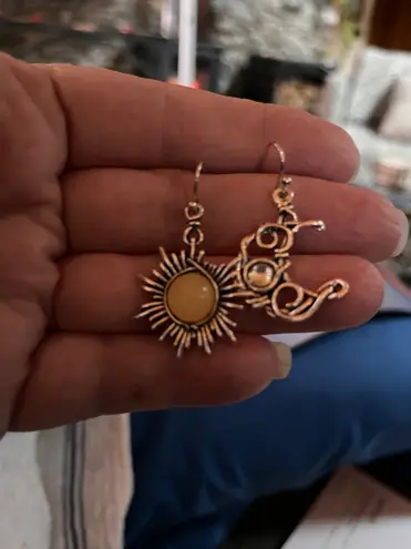 M Bellis Boutique Boho Sun Moon Vintage Moonstone Asymmetrical Metal Stud Earrings