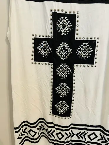 Vocal Cross Rhinestone Fringe Open Front Long Vest White M