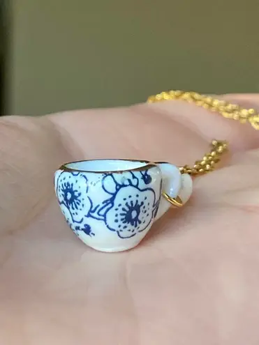 Handmade porcelain tea cup & freshwater pearl unique fun fairy antique style necklace🫖🍃🌀