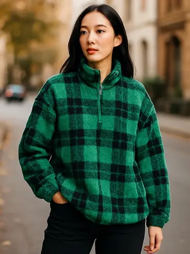 Aerie OFFLINE Green Black Plaid Quarter Zip Fleece Pullover XXL/TTG