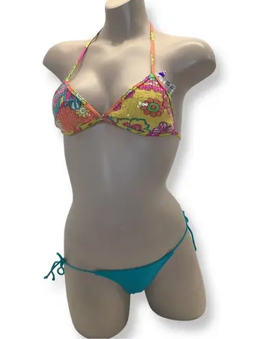 Recco Size Medium Brazilian Floral Yellow and Teal Side Tie Bikini Set. New