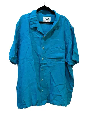 Flax Button Down Short Sleeve Tunic Shirt Blouse Size Medium Aqua Blue