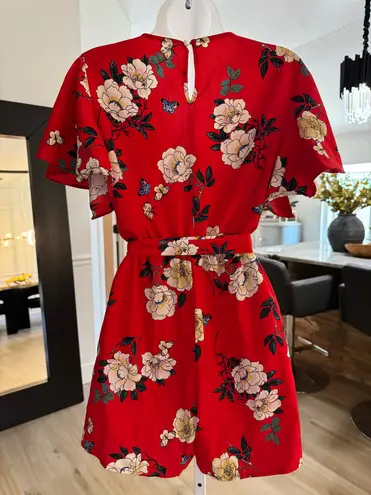 Red Floral Faux Wrap Skort Romper. Size Small