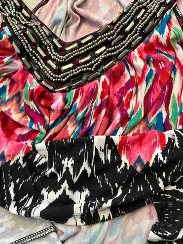 Ny Collection Multicolor Printed Boho midi Dress, Beaded Neckline large