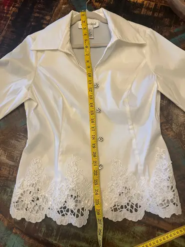 Victor Costa White 3/4 Sleeve Ocassion Formal Blouse Lace Rhinestones NWOT Size L