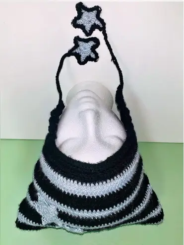 Crochet Striped Cat Ear Beanie with Star Accents Black