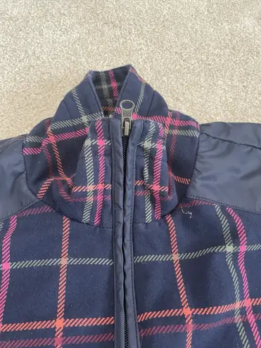 T by Talbot Jacket Women Large Multi Color Plaid Elbow Patch Golf Full Zip Blue