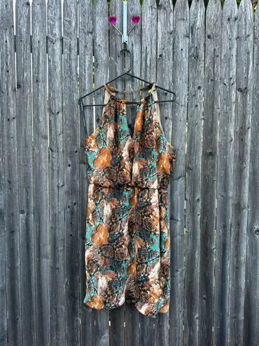 Bisou Bisou Abstract Keyhole Chain Sleeveless Mini Dress in Brown/Blue - Size 10