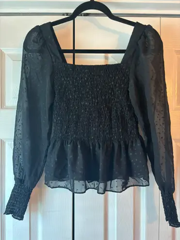 Nine West Black Smocked Squareneck Blouse With “Black Flocked Dots”