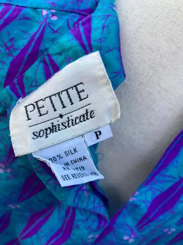 Petite Sophisticate Vintage 80s 90s Teal Purple Diamond Silk Cap Sleeve Blouse P