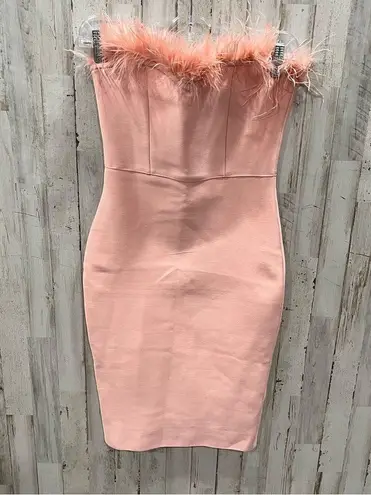 Pink Strapless Bodycon Fuzzy Feather Top Event Dress Knee Length Sexy