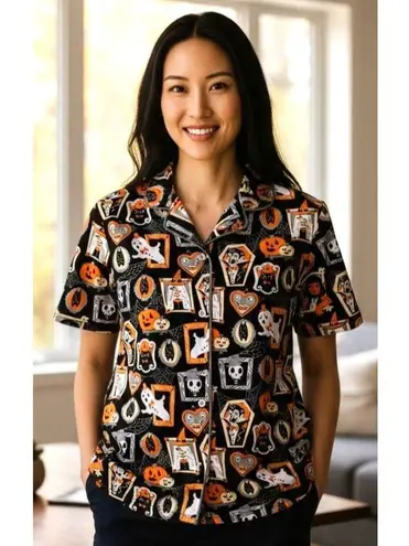 Munki Munki Halloween Pajama Top Large Short Sleeves Button Werewolf Witch Ghost
