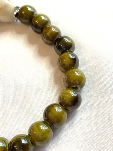 Olive Green Bracelet Silver Feather Charm Brown Turquoise Boho Ceramic Stretchy