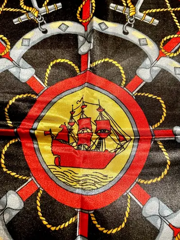 Vintage Square Sailing BOAT,WHEEL&Anchor 35/35 Oversized RED /BLACK Silky SCARF Multiple