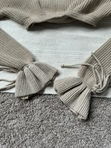 Missguided Tan Knit Puff Ruffle Sleeve Bow Tie Cropped Long Sleeve Sweater Top