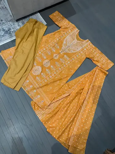 Indian kurta 3pc salwar kameez Embroidery Printed dress size L Color Orange N Size L