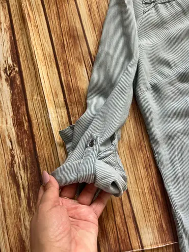 Bandolino Women Long Sleeves V-Neck Beaded Tunic Blue White Striped Blouse Sz M