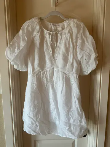 Frame Denim Eyelet Puff Sleeve White Mini Dress