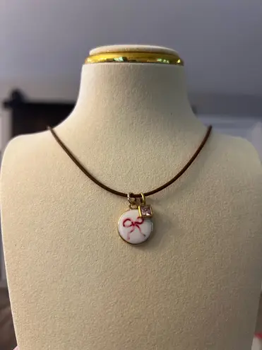 Handmade 18k gold plated Cute Ribbon charm with birthstone rhinestone and wax rope necklace