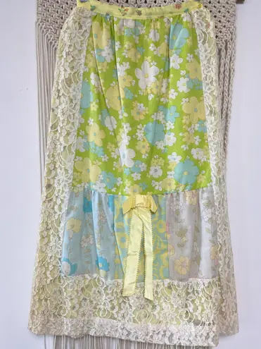 Vintage 1960s  Handmade floral patchwork knitted cottage fairy maxi skirt with lace details and belt.