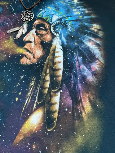Vintage Native American chief cosmic galaxy smoke graphic short sleeve tee Black