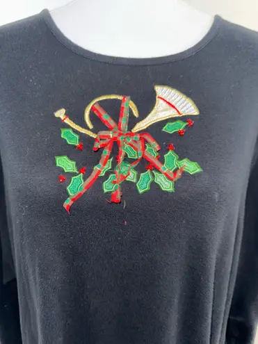 Studio Joy Black Holiday Top 2X Embroidered Horn Holly Bows Christmas Plus