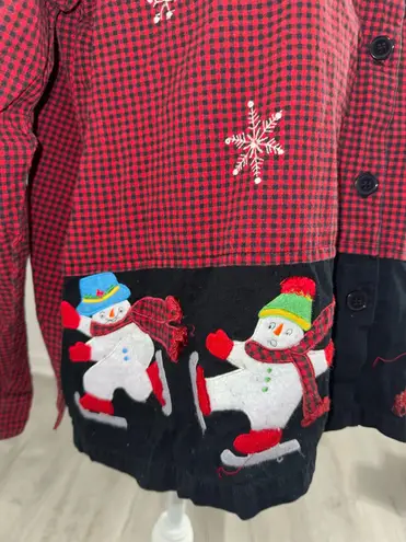 lemon grass Christmas Shirt XL Red Black Check Snowman Embroidered Cotton