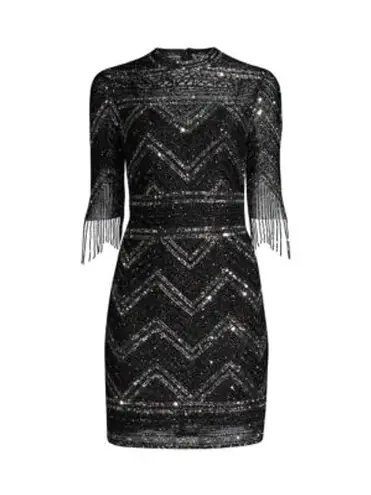 Aidan Mattox Fully Beaded Fringed Elbow-Sleeve Short Cocktail Dress
