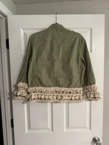 ZARA  Green Crochet Fringe Trim Button Front Pockets Long Sleeve Jacket