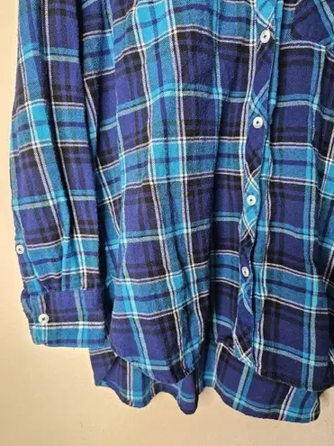 Woolrich  Blue Flannel Shirt Long Roll Tab Sleeve Button up Pocket Womens Size XL