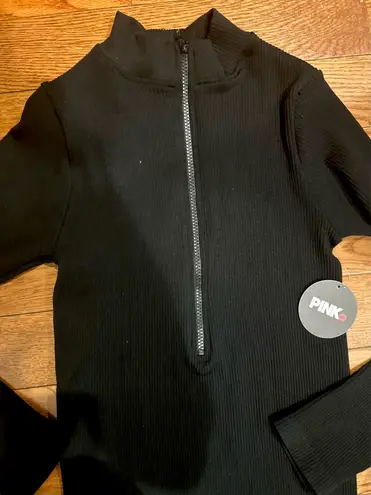 PINK DOT NWT BLACK Ribbed Seamless playsuit/catsuit zip up front long sleeves L Size L