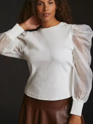 Anthropologie Dolan Sheer Puff Sleeve Ribbed Blouse Top Women’s XL White