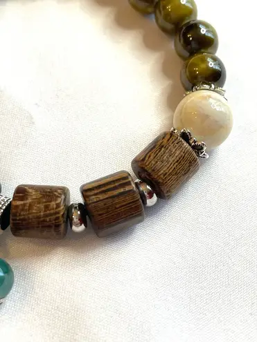 Olive Green Bracelet Silver Feather Charm Brown Turquoise Boho Ceramic Stretchy