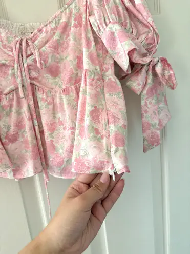 WAYF Terry Top Floral Print Puff Sleeve Peplum Top in Pink Mini Roses