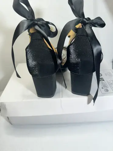 Closed Toe Pearl Heels Satin Wedding with Bow Chunky Block Heels Prom Evening Black Size 8