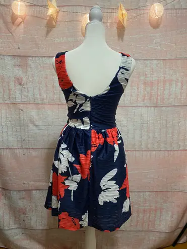 AQUA Blue Navy Dress with white and red flowers, Size S