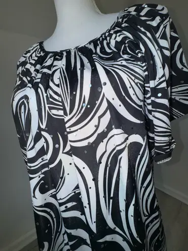 70s Rachel Rachel Women’s Blouse 2X Abstract Black White Sparkly Tie Back Y2K