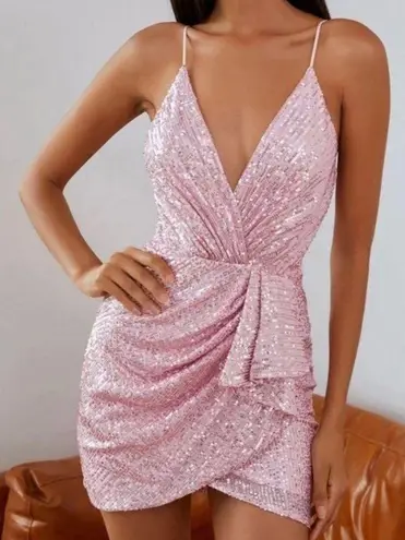 Pink Deep V Surplice Sequin Cocktail Dress