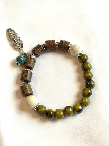 Olive Green Bracelet Silver Feather Charm Brown Turquoise Boho Ceramic Stretchy