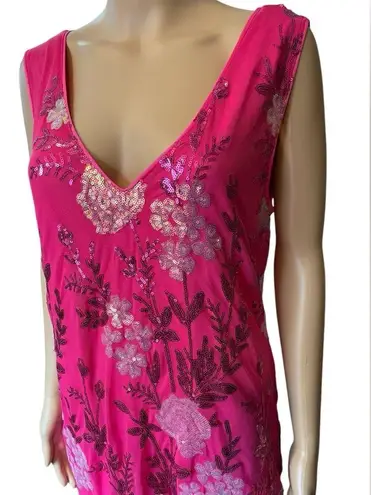 Pink Silver Sequin Embroidered Floral Preppy Barbie Glam Party Midi Dress Size XL