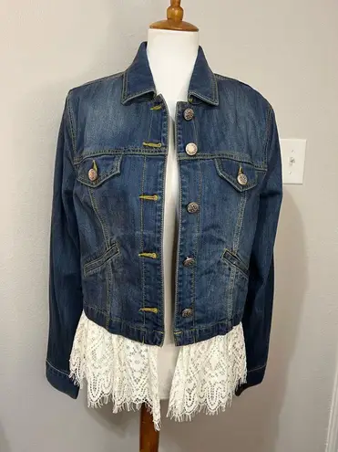 CAbi  denim Dakota jean jacket with removable ivory lace, large